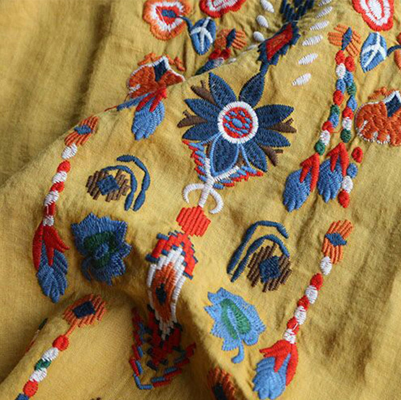 Camiseta de manga corta de algodón y lino para mujer con bordado artístico retro floral y Buddha Stones , cuello redondo - image 15