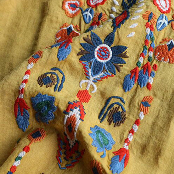 Camiseta de manga corta de algodón y lino para mujer con bordado artístico retro floral y Buddha Stones , cuello redondo - image 15