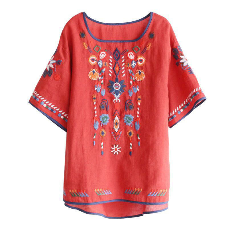 Camiseta de manga corta de algodón y lino para mujer con bordado artístico retro floral y Buddha Stones , cuello redondo - image 12
