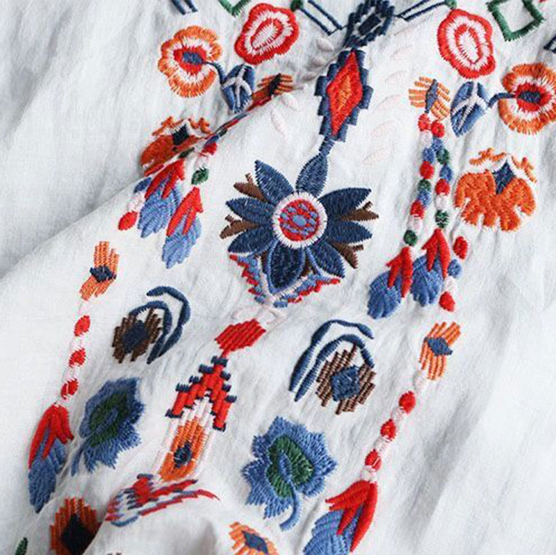 Camiseta de manga corta de algodón y lino para mujer con bordado artístico retro floral y Buddha Stones , cuello redondo - image 6