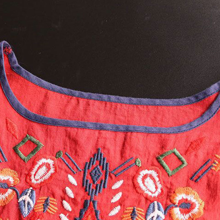 Camiseta de manga corta de algodón y lino para mujer con bordado artístico retro floral y Buddha Stones , cuello redondo - image 9