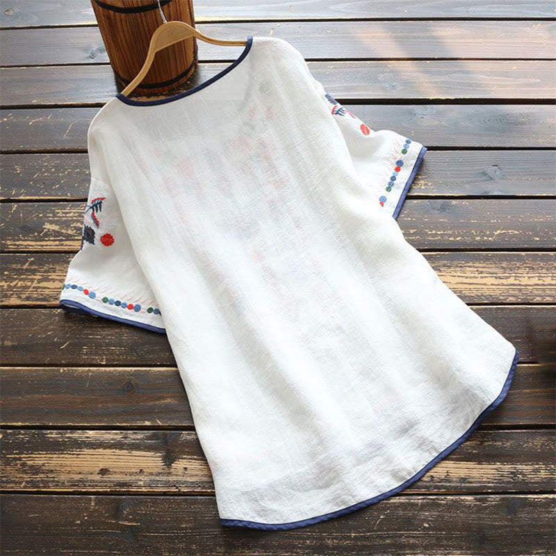 Camiseta de manga corta de algodón y lino para mujer con bordado artístico retro floral y Buddha Stones , cuello redondo - image 1