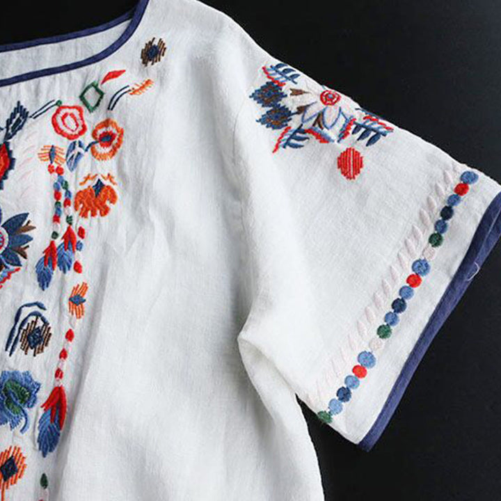 Camiseta de manga corta de algodón y lino para mujer con bordado artístico retro floral y Buddha Stones , cuello redondo - image 5