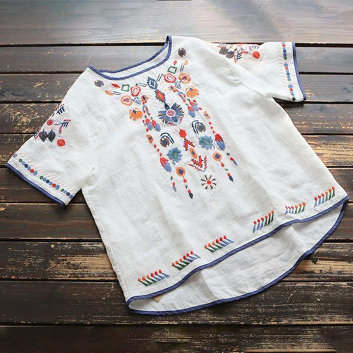 Camiseta de manga corta de algodón y lino para mujer con bordado artístico retro floral y Buddha Stones , cuello redondo - image 2
