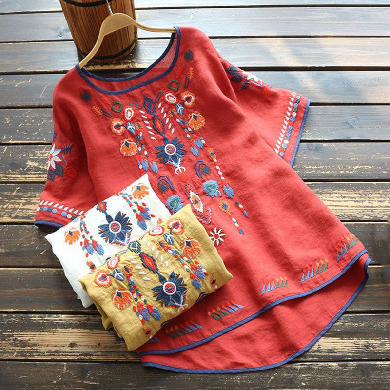 Camiseta de manga corta de algodón y lino para mujer con bordado artístico retro floral y Buddha Stones , cuello redondo - image 17