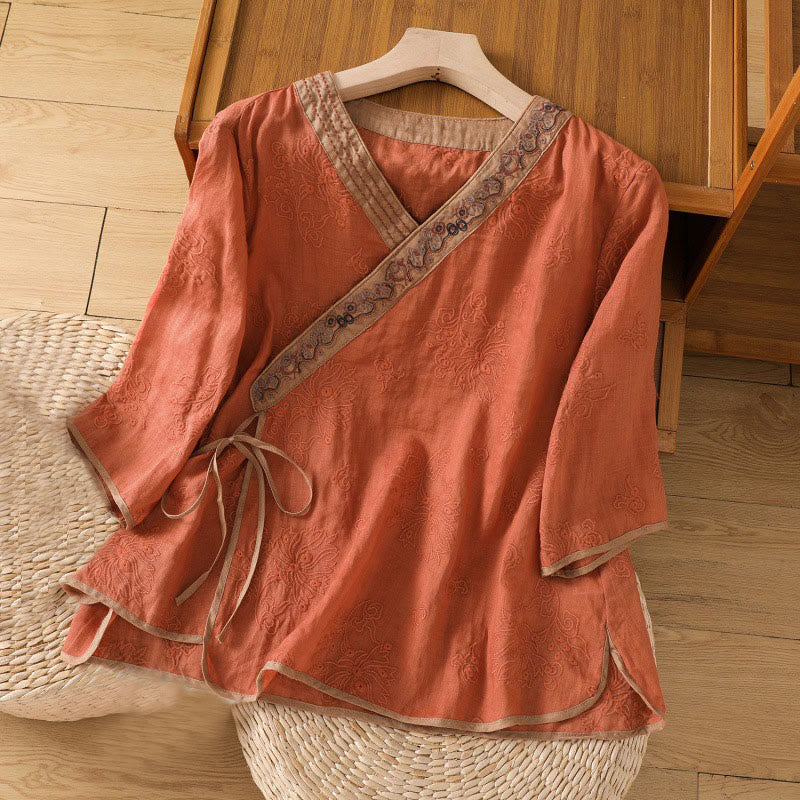 Camisa de lino y algodón para mujer con cuello en V, diseño floral con bordado vintage de Buddha Stones, con cordones - NaranjaRojo - US8-10，UK/AU12-14，EU40-42 (2XL) - image 1
