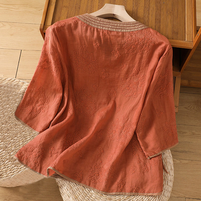 Camisa de lino y algodón para mujer con cuello en V, diseño floral con bordado vintage de Buddha Stones, con cordones - image 2