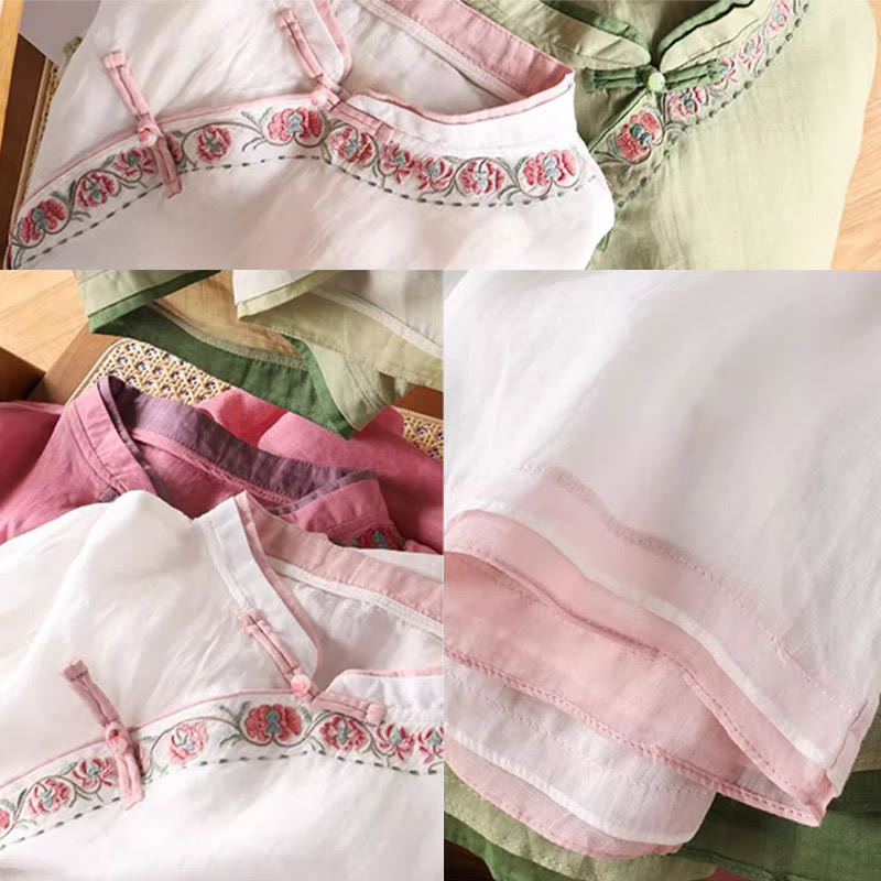 Camisa de lino y algodón para mujer, manga tres cuartos, diseño floral con diseño de rana china y botones, con bordado zen vintage de Buddha Stones - image 6