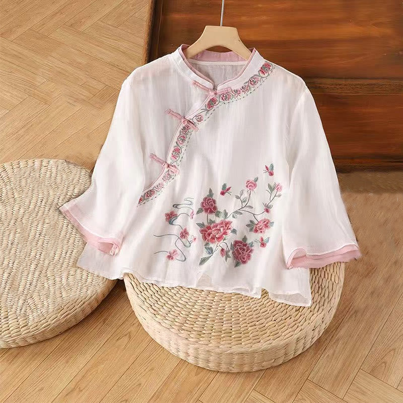 Camisa de lino y algodón para mujer, manga tres cuartos, diseño floral con diseño de rana china y botones, con bordado zen vintage de Buddha Stones - Rubor lavanda - US12, UK/AU16, EU44 (4XL) - image 1