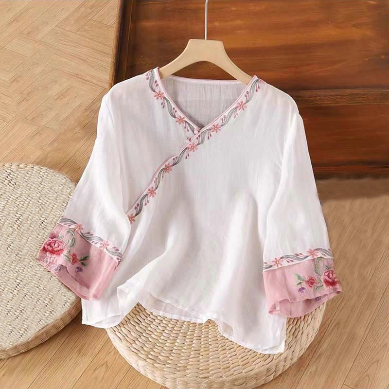 Camisa de algodón para mujer con manga tres cuartos y diseño de botones bordados retro de primavera con Buddha Stones - Lavanda Rubor - US14, UK/AU18, EU46 (4XL) - image 3