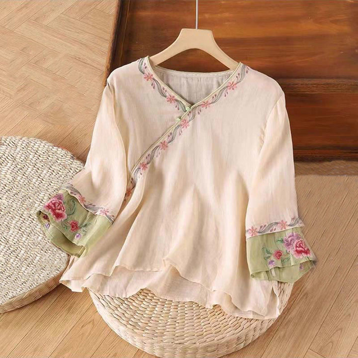 Camisa de algodón para mujer con manga tres cuartos y diseño de botones bordados retro de primavera con Buddha Stones - Almendra blanqueada - US14, UK/AU18, EU46 (4XL) - image 0