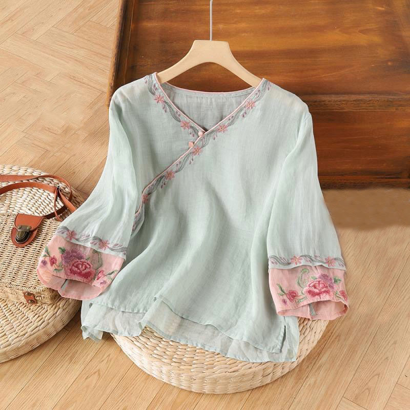 Camisa de algodón para mujer con manga tres cuartos y diseño de botones bordados retro de primavera con Buddha Stones - Azul polvoriento - US14, UK/AU18, EU46 (4XL) - image 4