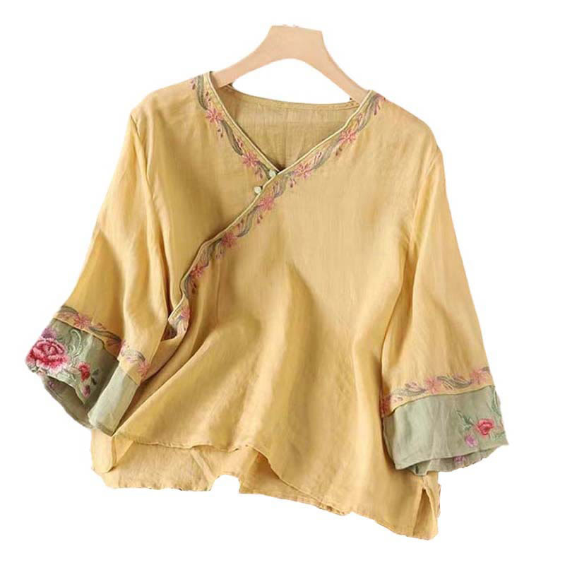Camisa de algodón para mujer con manga tres cuartos y diseño de botones bordados retro de primavera con Buddha Stones - image 7