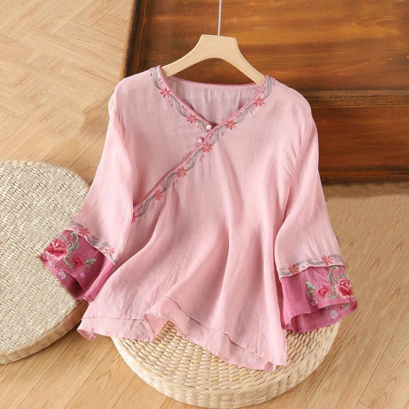 Camisa de algodón para mujer con manga tres cuartos y diseño de botones bordados retro de primavera con Buddha Stones - Rosa claro - US14, UK/AU18, EU46 (4XL) - image 1