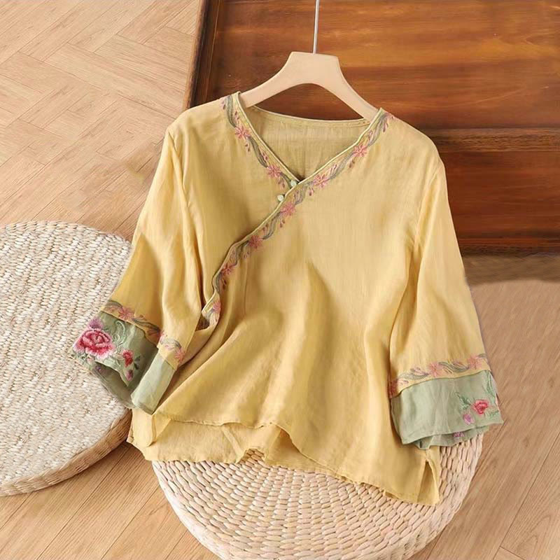 Camisa de algodón para mujer con manga tres cuartos y diseño de botones bordados retro de primavera con Buddha Stones - Caqui - US14, UK/AU18, EU46 (4XL) - image 5