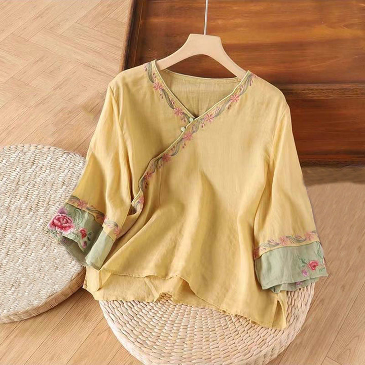 Camisa de algodón para mujer con manga tres cuartos y diseño de botones bordados retro de primavera con Buddha Stones - Caqui - US14, UK/AU18, EU46 (4XL) - image 5