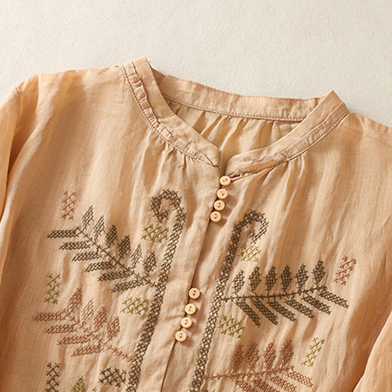 Camisa de manga tres cuartos para mujer con estampado de hojas y bordado artístico informal de Buddha Stones. - image 2