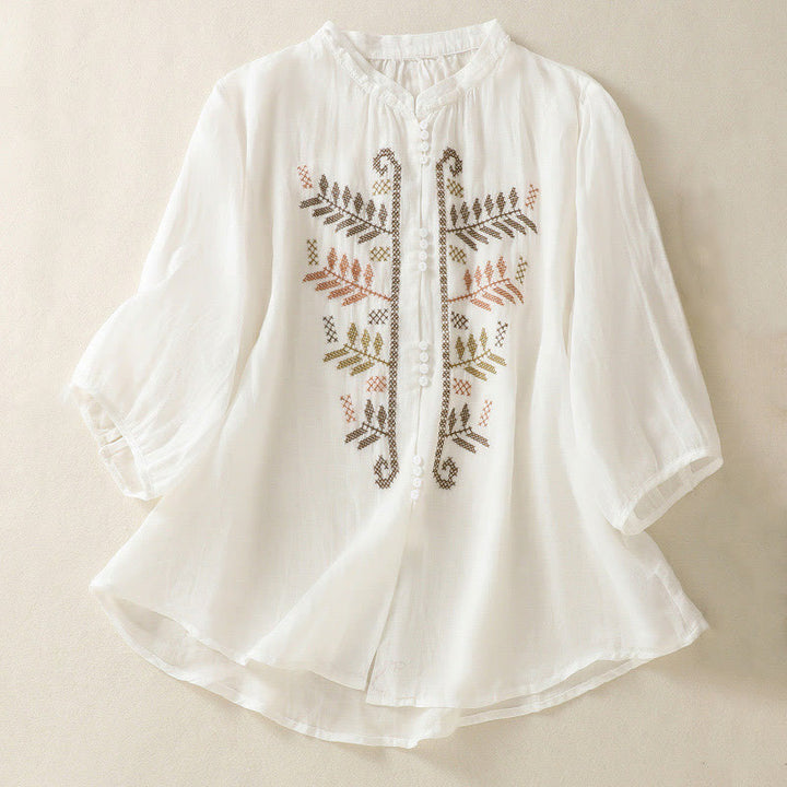 Camisa de manga tres cuartos para mujer con estampado de hojas y bordado artístico informal de Buddha Stones. - Blanco - US8-10，UK/AU12-14，EU40-42 (2XL) - image 14