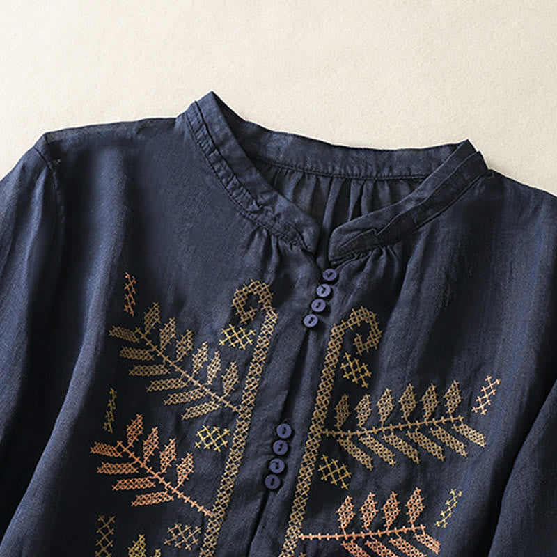 Camisa de manga tres cuartos para mujer con estampado de hojas y bordado artístico informal de Buddha Stones. - image 9