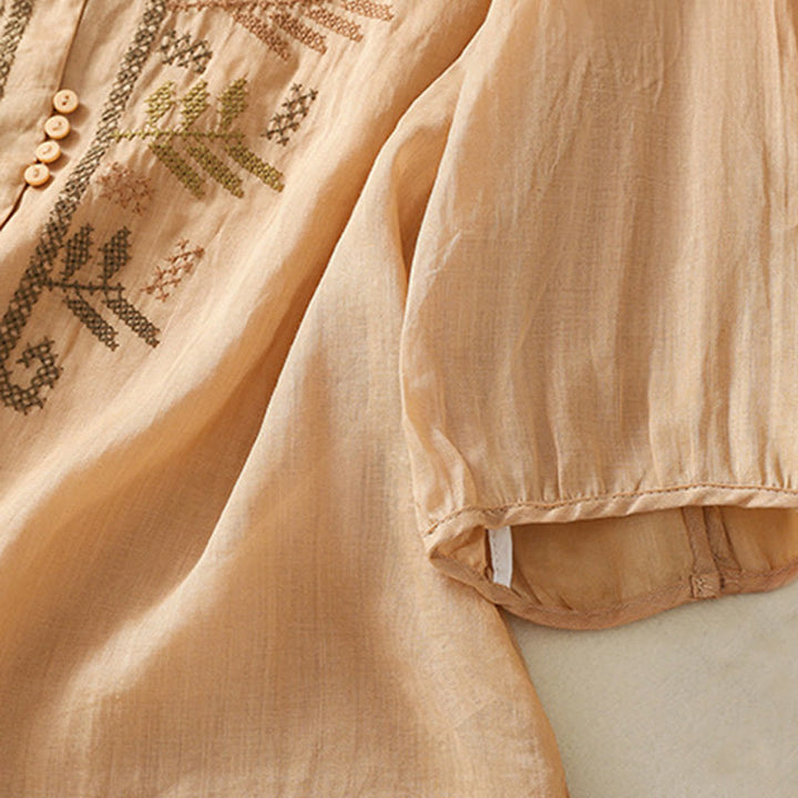 Camisa de manga tres cuartos para mujer con estampado de hojas y bordado artístico informal de Buddha Stones. - image 6