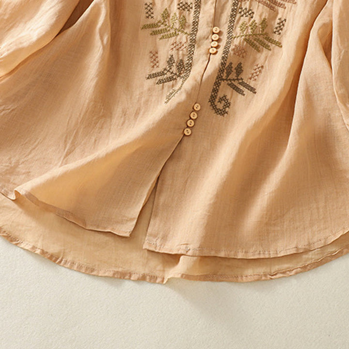 Camisa de manga tres cuartos para mujer con estampado de hojas y bordado artístico informal de Buddha Stones. - image 7