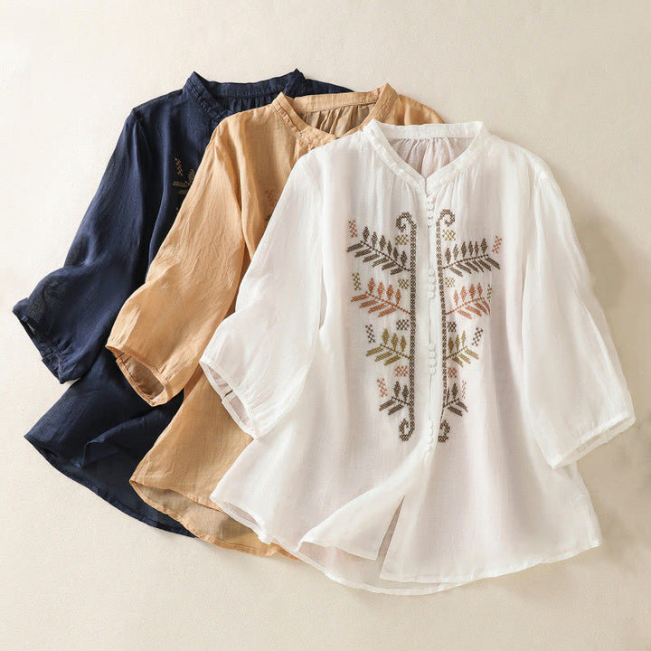 Camisa de manga tres cuartos para mujer con estampado de hojas y bordado artístico informal de Buddha Stones. - image 22