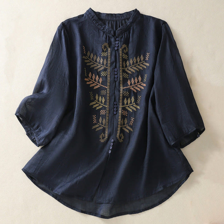 Camisa de manga tres cuartos para mujer con estampado de hojas y bordado artístico informal de Buddha Stones. - Azul medianoche - US8-10，UK/AU12-14，EU40-42 (2XL) - image 8