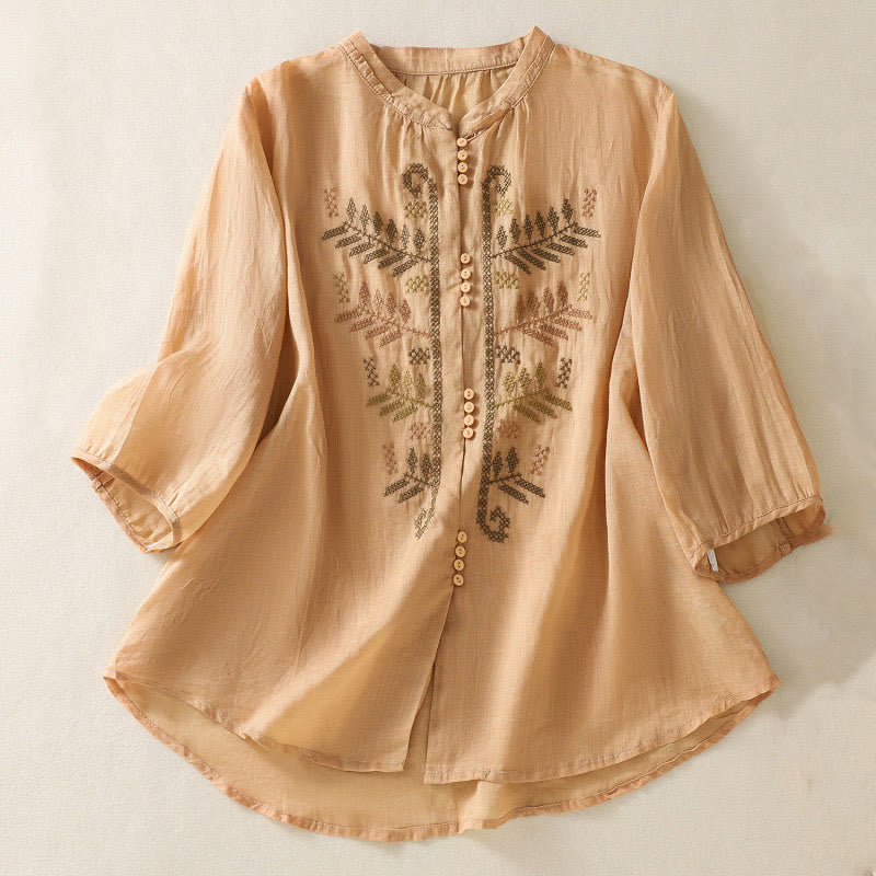 Camisa de manga tres cuartos para mujer con estampado de hojas y bordado artístico informal de Buddha Stones. - Naranja - US8-10，UK/AU12-14，EU40-42 (2XL) - image 0