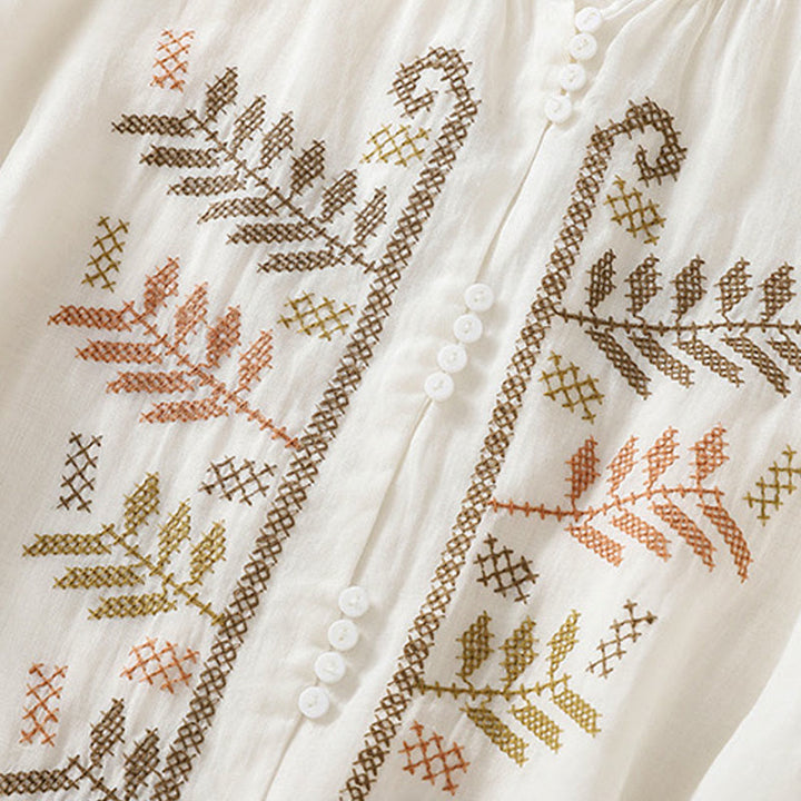 Camisa de manga tres cuartos para mujer con estampado de hojas y bordado artístico informal de Buddha Stones. - image 18