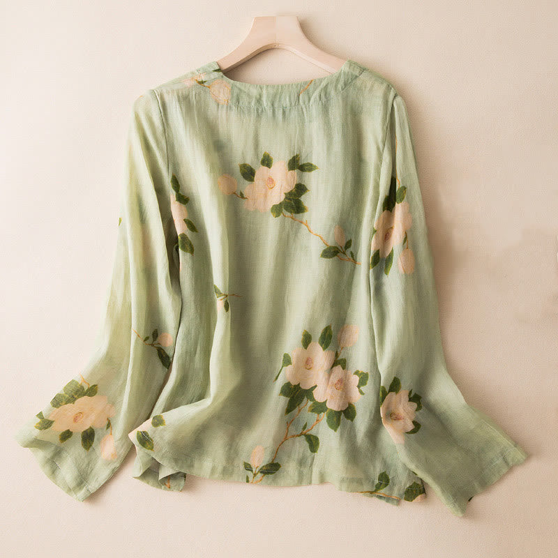 Camisa de lino y algodón de manga larga para mujer, estilo cárdigan, informal, con estampado artístico de flores y botones de rana china, color verde claro y piedras de Buddha Stones - image 1