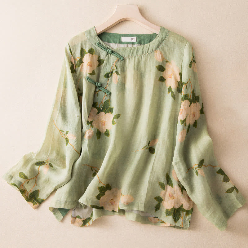 Camisa de lino y algodón de manga larga para mujer, estilo cárdigan, informal, con estampado artístico de flores y botones de rana china, color verde claro y piedras de Buddha Stones - Verde claro - US8-10，UK/AU12-14，EU40-42 (2XL) - image 0
