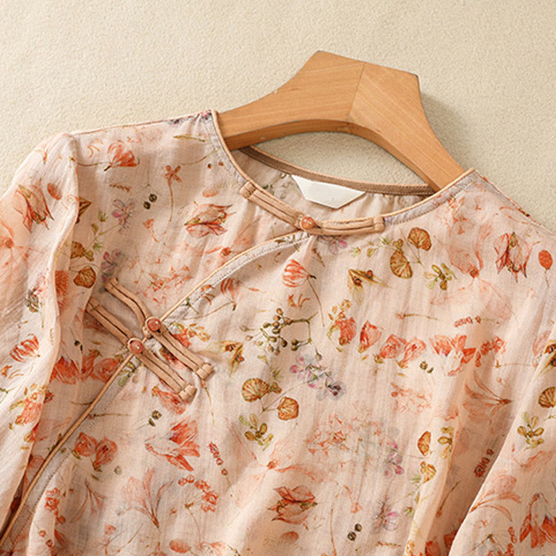 Camisa de manga larga de algodón y lino para mujer, con estampado informal de verano y botones de rana, con Buddha Stones
