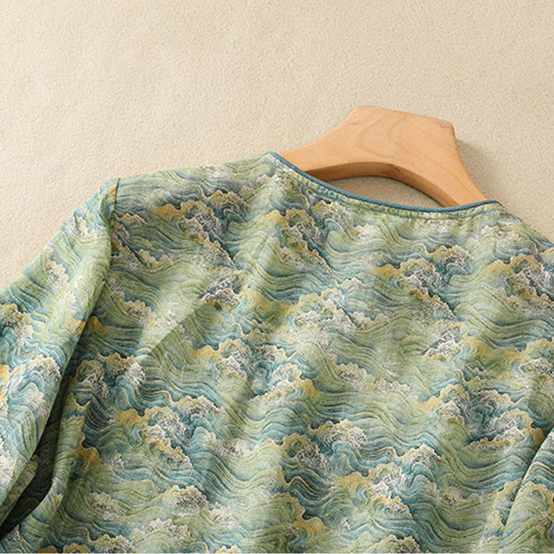 Camisa de manga larga de algodón y lino para mujer, con estampado informal de verano y botones de rana, con Buddha Stones