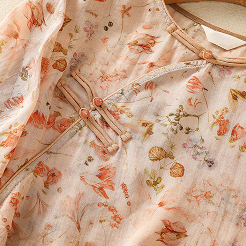 Camisa de manga larga de algodón y lino para mujer, con estampado informal de verano y botones de rana, con Buddha Stones