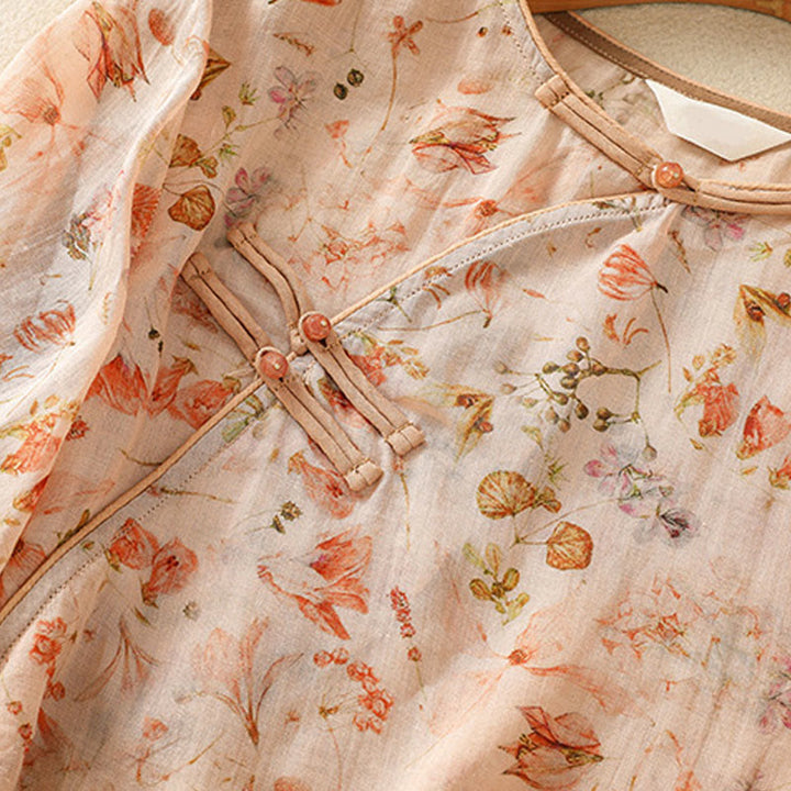 Camisa de manga larga de algodón y lino para mujer, con estampado informal de verano y botones de rana, con Buddha Stones