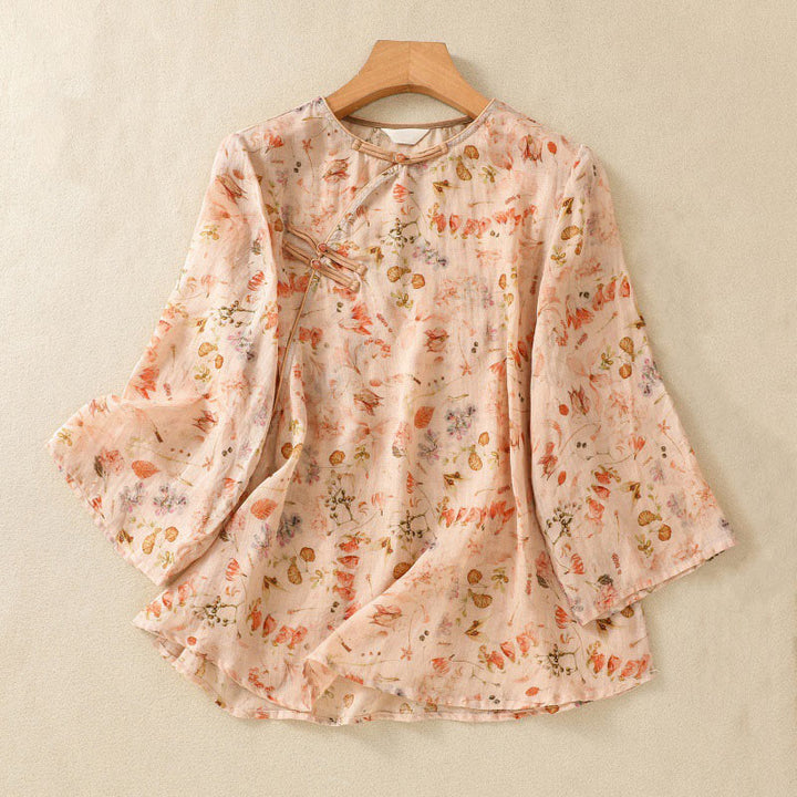 Camisa de manga larga de algodón y lino para mujer, con estampado informal de verano y botones de rana, con Buddha Stones