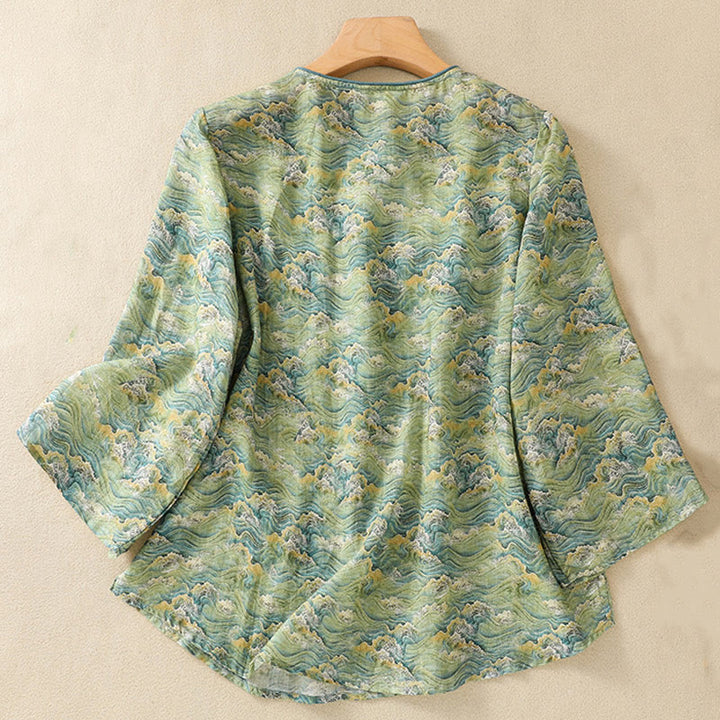 Camisa de manga larga de algodón y lino para mujer, con estampado informal de verano y botones de rana, con Buddha Stones