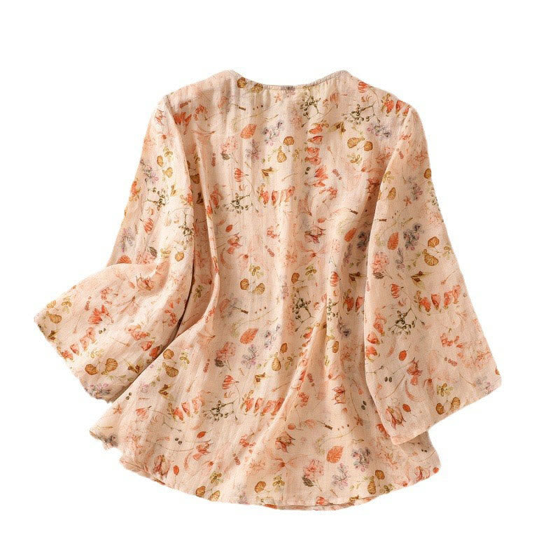 Camisa de manga larga de algodón y lino para mujer, con estampado informal de verano y botones de rana, con Buddha Stones