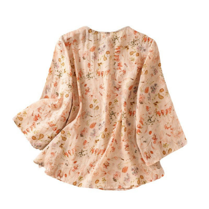 Camisa de manga larga de algodón y lino para mujer, con estampado informal de verano y botones de rana, con Buddha Stones