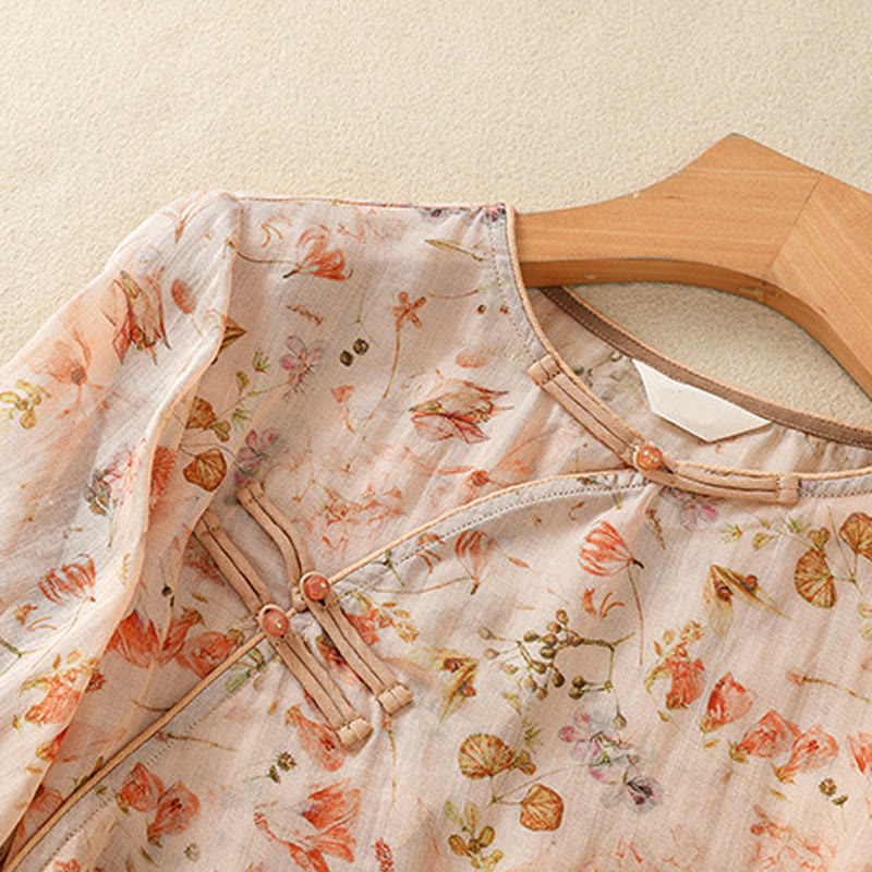 Camisa de manga larga de algodón y lino para mujer, con estampado informal de verano y botones de rana, con Buddha Stones