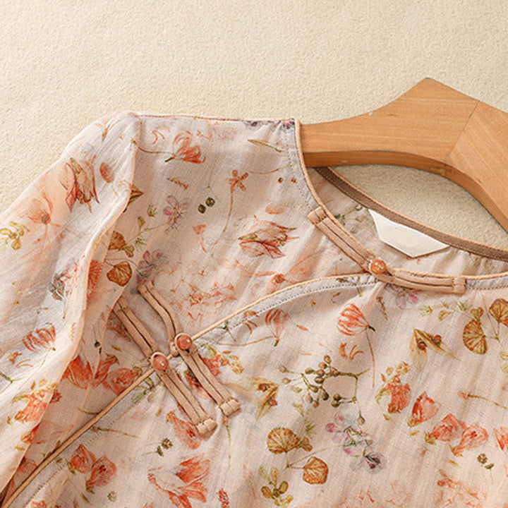Camisa de manga larga de algodón y lino para mujer, con estampado informal de verano y botones de rana, con Buddha Stones