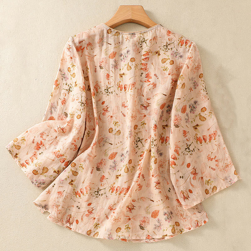 Camisa de manga larga de algodón y lino para mujer, con estampado informal de verano y botones de rana, con Buddha Stones