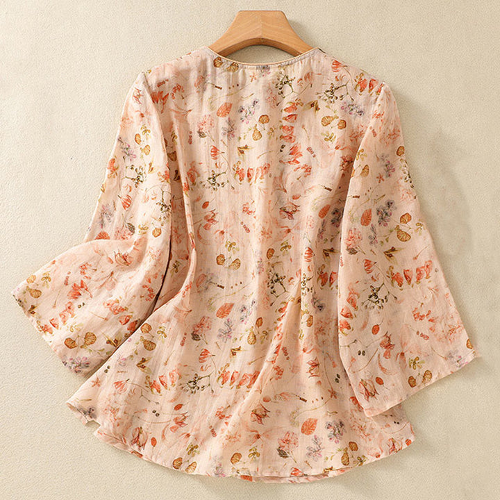 Camisa de manga larga de algodón y lino para mujer, con estampado informal de verano y botones de rana, con Buddha Stones