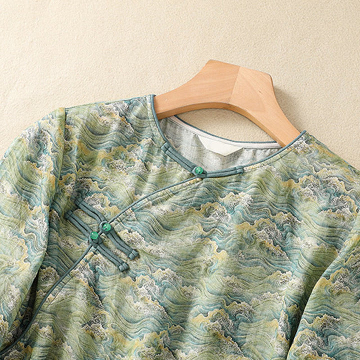 Camisa de manga larga de algodón y lino para mujer, con estampado informal de verano y botones de rana, con Buddha Stones