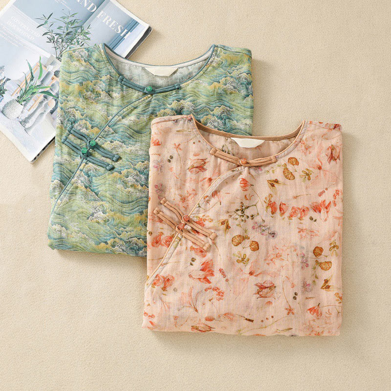 Camisa de manga larga de algodón y lino para mujer, con estampado informal de verano y botones de rana, con Buddha Stones