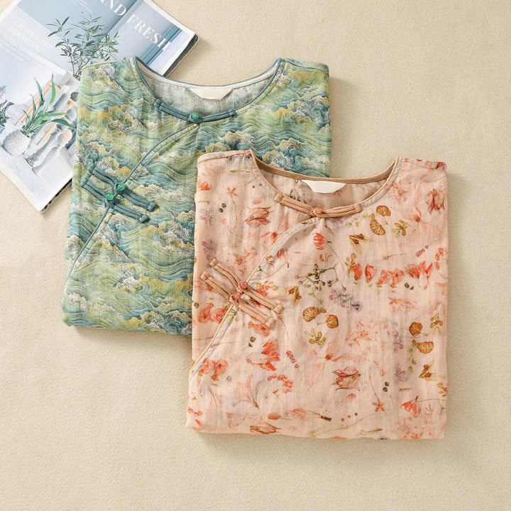 Camisa de manga larga de algodón y lino para mujer, con estampado informal de verano y botones de rana, con Buddha Stones