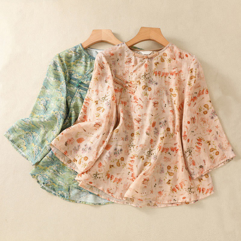Camisa de manga larga de algodón y lino para mujer, con estampado informal de verano y botones de rana, con Buddha Stones