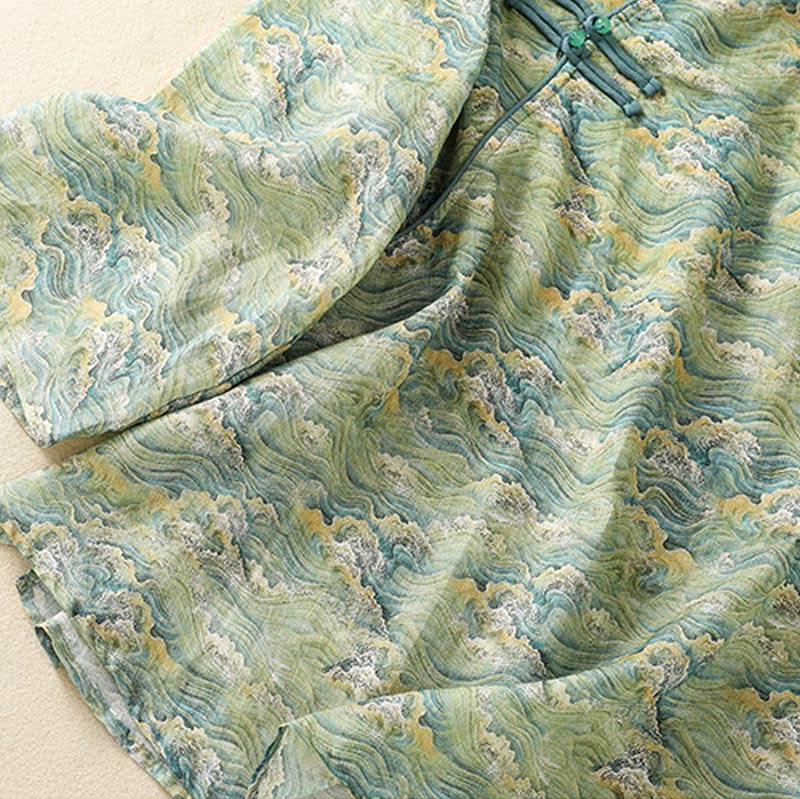 Camisa de manga larga de algodón y lino para mujer, con estampado informal de verano y botones de rana, con Buddha Stones