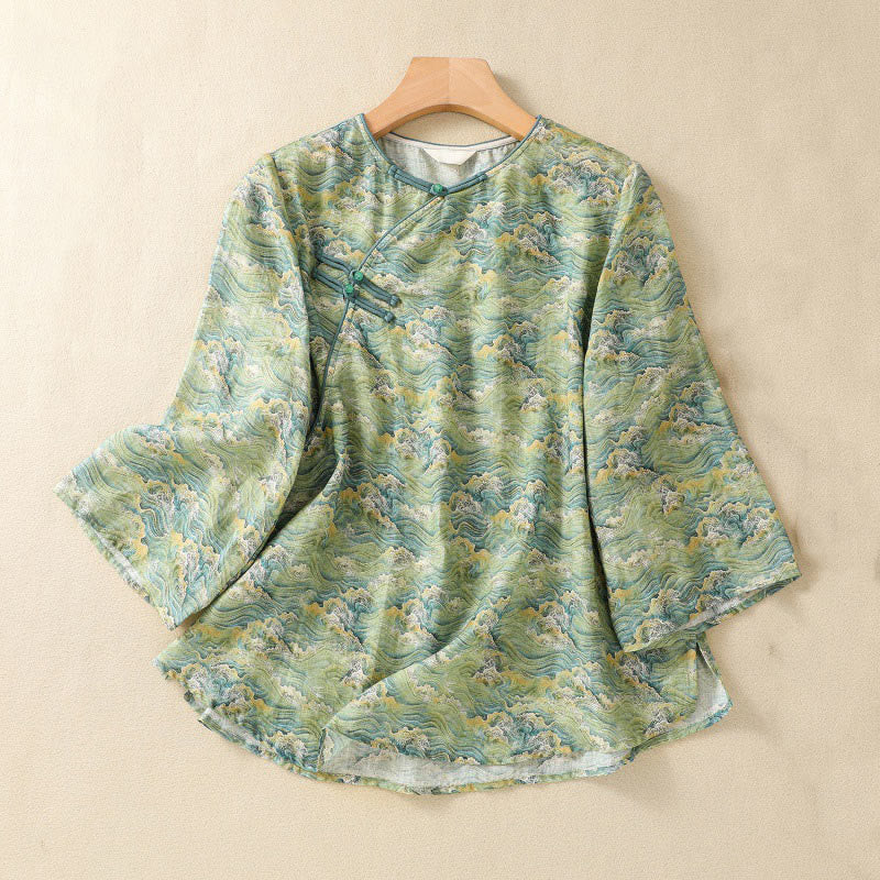 Camisa de manga larga de algodón y lino para mujer, con estampado informal de verano y botones de rana, con Buddha Stones