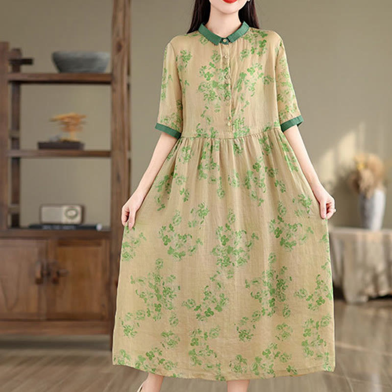 Vestido midi de algodón con media manga y bolsillos, estampado floral retro con Buddha Stones y cordón ajustable - image 18